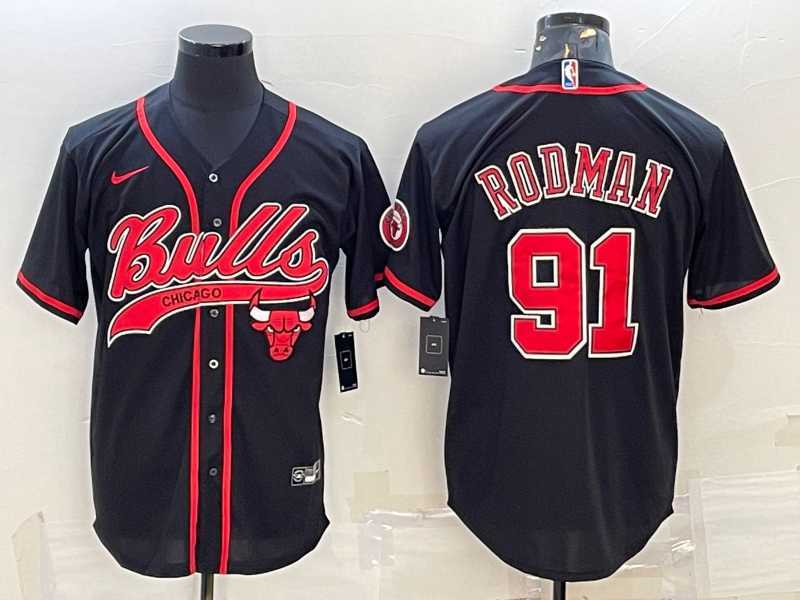 Men%27s Chicago Bulls #91 Dennis Rodman Black With Patch Cool Base Stitched Baseball Jersey
